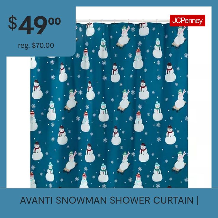 a blue shower curtain with snowmen on it and the words $ 4 99 per yard