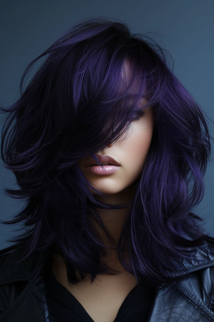 Blue Baylage Hair Dark, Midnight Purple Hair, Vibrant Purple Hair, Hair With Purple Highlights, Blackberry Hair Colour, Purple Hairstyles, Tiefling Rogue, Dark Purple Hair Color, Hair Color Products