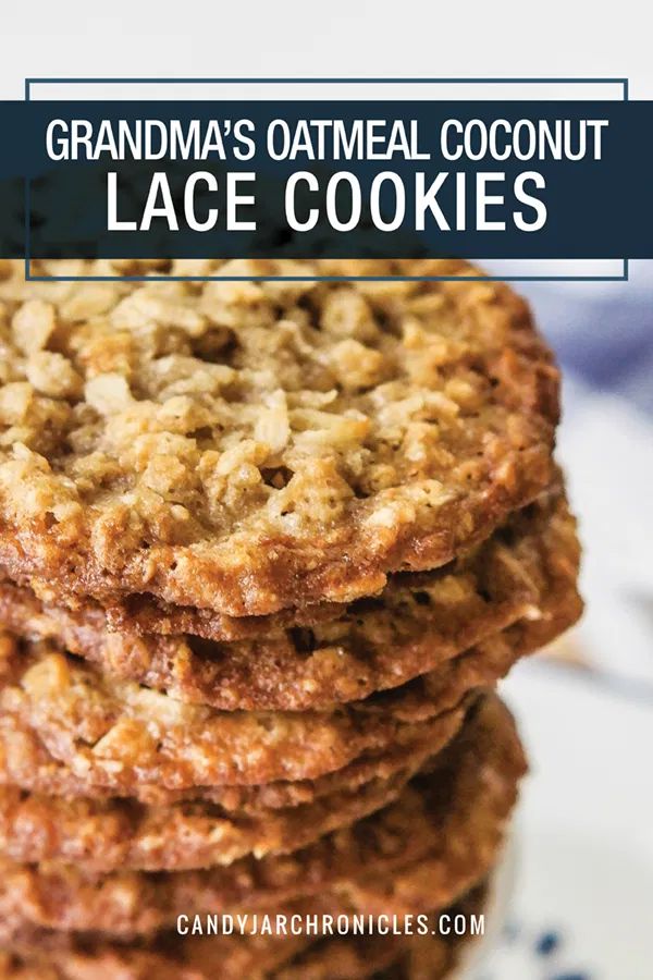 grandma's oatmeal coconut lace cookies on a blue and white plate