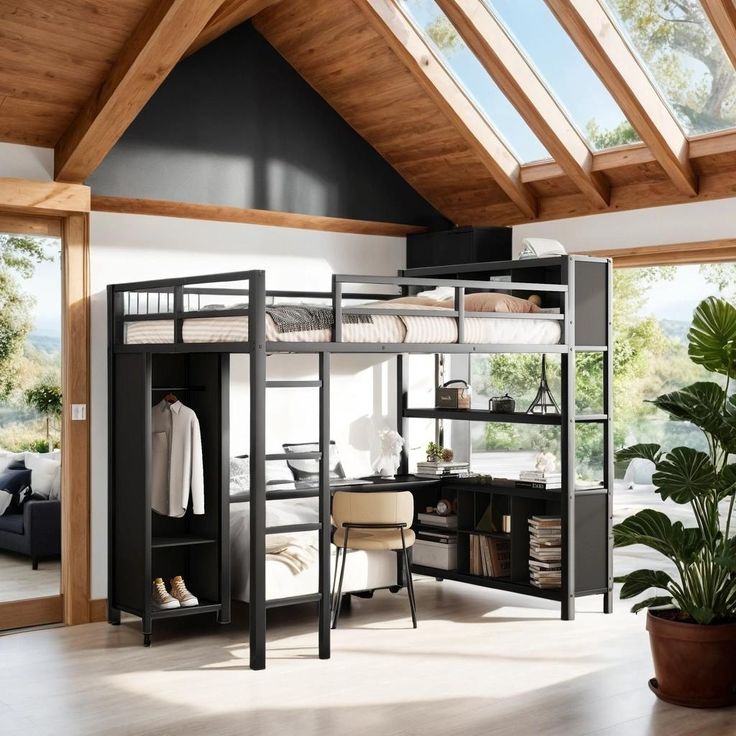 a loft bed is in the middle of a room