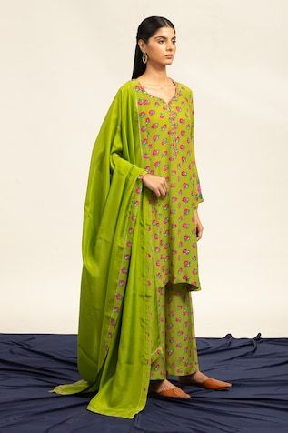 Green kurta with floral printed motifs and sequin embellishments. Comes with pant and dupatta. - Aza Fashions Spring Green Salwar Kameez With Mirror Work, Green Salwar Kameez With Mirror Work For Spring, Green Mirror Work Salwar Kameez For Spring, Green Cotton Sharara With Floral Embroidery, Spring Traditional Sharara With Mirror Work, Traditional Spring Sharara With Mirror Work, Spring Chanderi Sharara With Printed Motifs, Traditional Sharara With Printed Motifs For Spring, Mithila Palkar