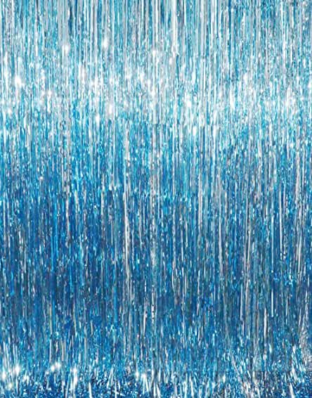 blue tinsel rain shower curtain hanging from the ceiling