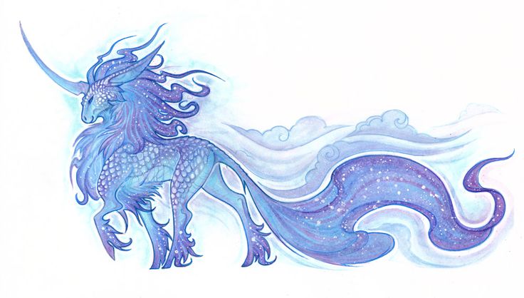 a drawing of a blue unicorn with long manes and tail, standing in front of a white background