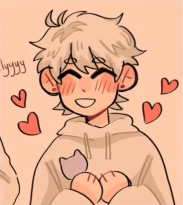 a drawing of a boy with hearts around his eyes and hands in front of him