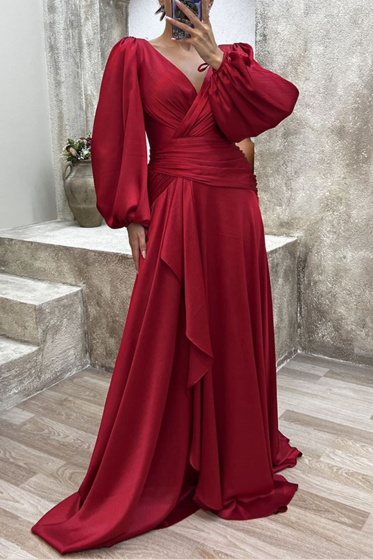 F00237697-104 Satin Evening Gown, Deep V Neck Dress, Maxi Dresses Fall, Evening Dresses With Sleeves, Dress Sleeve Styles, Puff Sleeve Dresses, Maxi Dress Formal, Maxi Dress Evening, Satin Maxi Dress