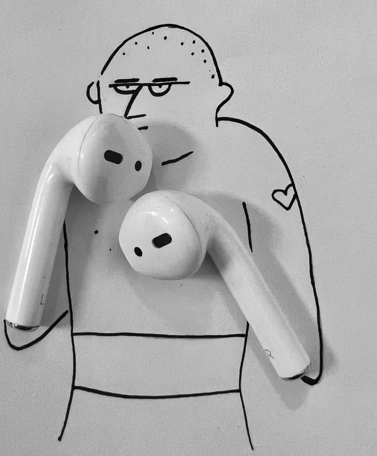 a drawing of a man holding two ear phones