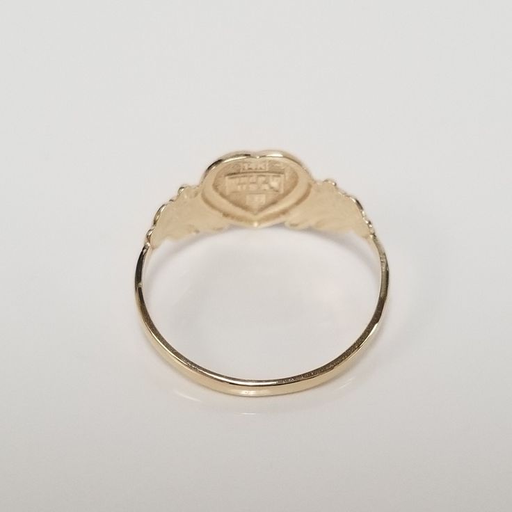 "Thanks for shopping our vintage estate store. We tend to sell well below wholesale and truly hope you enjoy all of our items. Many of the items are one of a kind, so please enjoy scrolling through the pictures and hopefully something will catch your eye. Brown spots are from camera or reflections. Estate 14k yellow gold heart baby or midi ring. Custom made ring for our shop. Ring size: 3 Setting: 7.5mm 1/4\" to 3/8\" Band width: 1.3mm Weight: .89 gram Marked 14k and it's sweet. One that you wil Hallmarked 14k Gold Heart Ring For Wedding, Vintage Signet Ring With Birthstone For Promise, Classic Engraved Yellow Gold Ring For Valentine's Day, Vintage Gold Heart Ring With Birthstone, Heirloom 14k Gold Oval Heart Ring, Vintage Yellow Gold Heart Ring For Formal Occasion, Vintage Style Yellow Gold Heart Ring For Formal Events, Heirloom Heart Ring With Hallmark, 14k Gold Heart Ring With Oval Shape