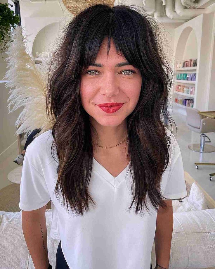 53 Heavily Layered Shag Haircut Ideas for The Ultimate Tousled Look Shag Straight Hairstyles, Hair Color For Shag Haircut, Choppy Shag Hairstyles Long With Bangs, Long Shag Haircut Fine Hair Round Faces, Shag Hairstyles 2023, Colorful Hair Tips, Long Shag Haircut With Bangs Straight, Brunette Balayage Shag Hair, Modern Shag Medium Length