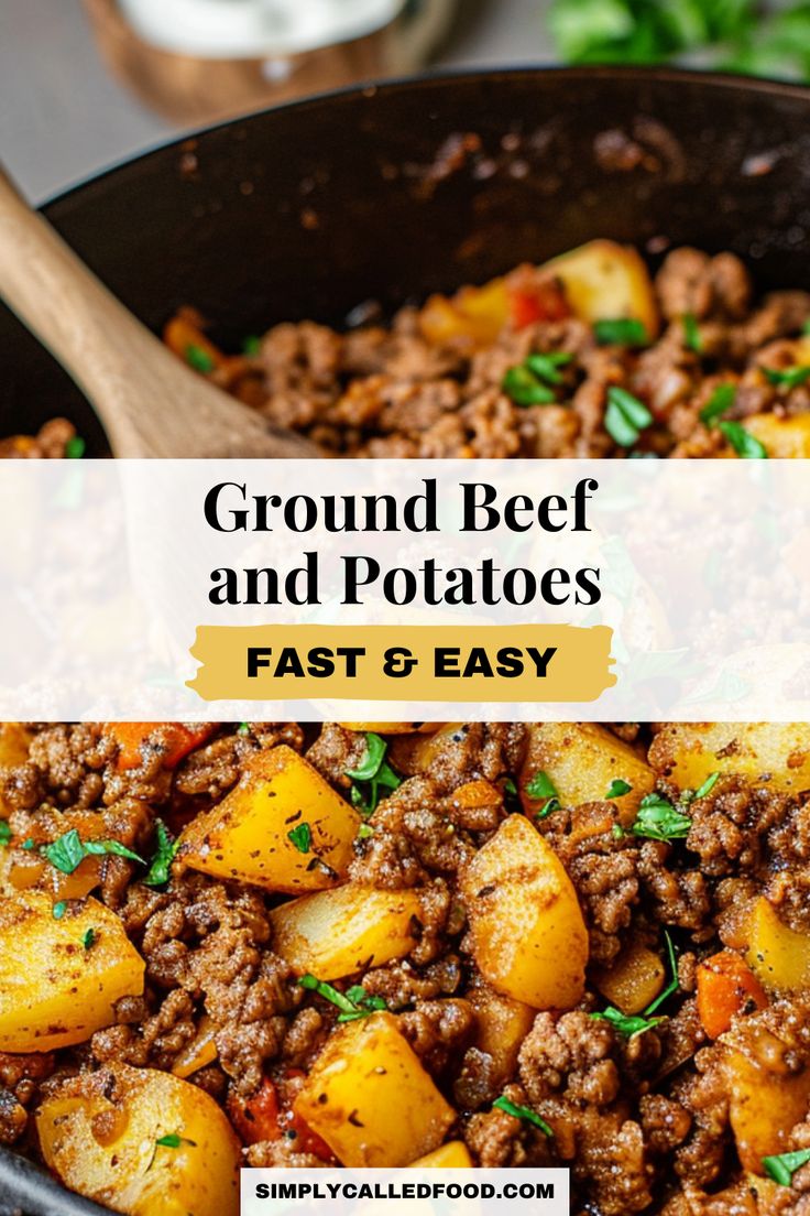 ground beef and potatoes in a skillet with text overlay