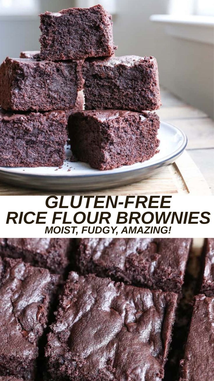 chocolate brownies stacked on top of each other with text overlay reading gluten - free rice flour brownies