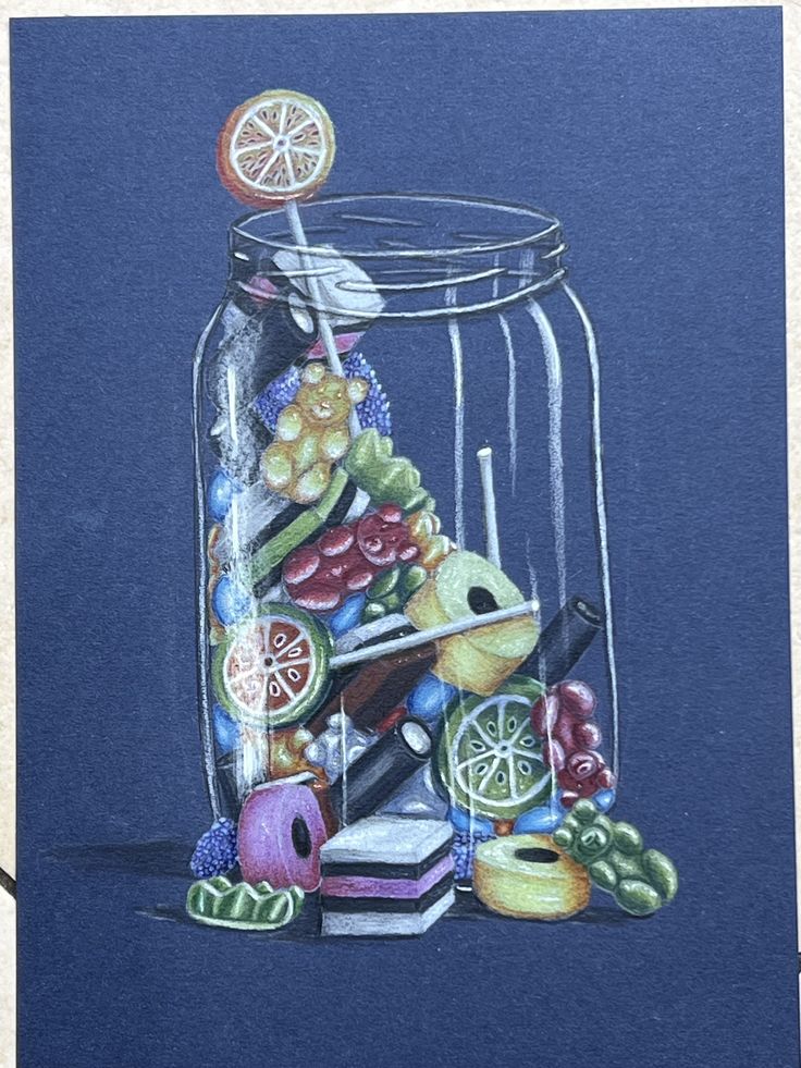 a drawing of a glass jar filled with different types of fruits and vegetables in it