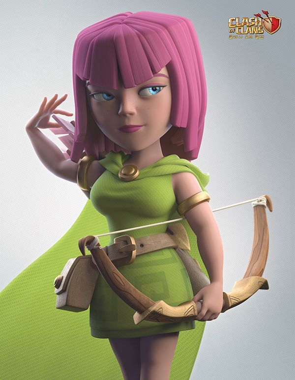 a cartoon character with pink hair holding a bow and arrow in one hand while wearing a green dress