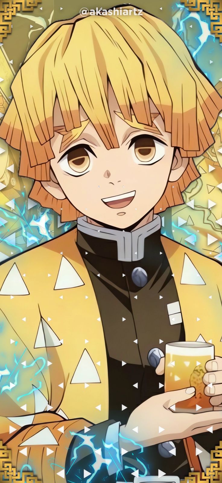 an anime character with blonde hair holding a beer in his hand and smiling at the camera