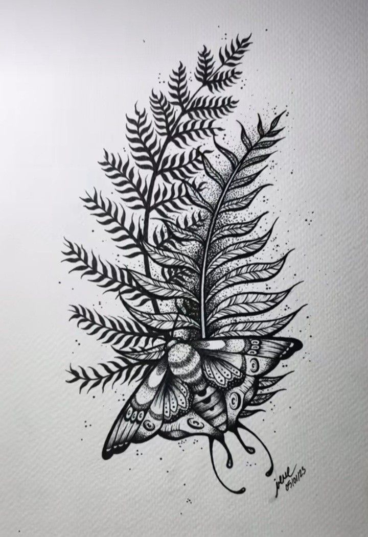 a black and white drawing of a fern leaf with a butterfly on it's wing