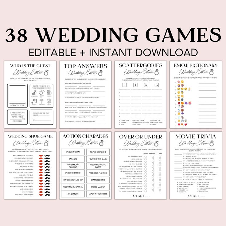 wedding games with the text,'8 wedding games editable and instant printable '