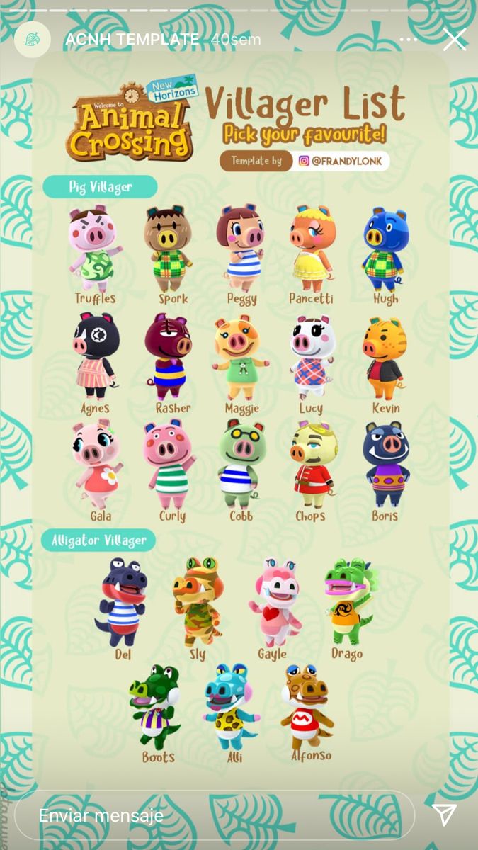 an animal crossing game character list