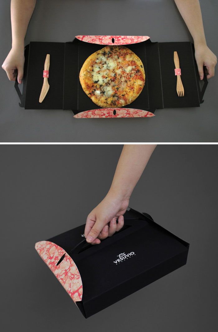 two pictures showing the process of making a pizza box with utensils in it