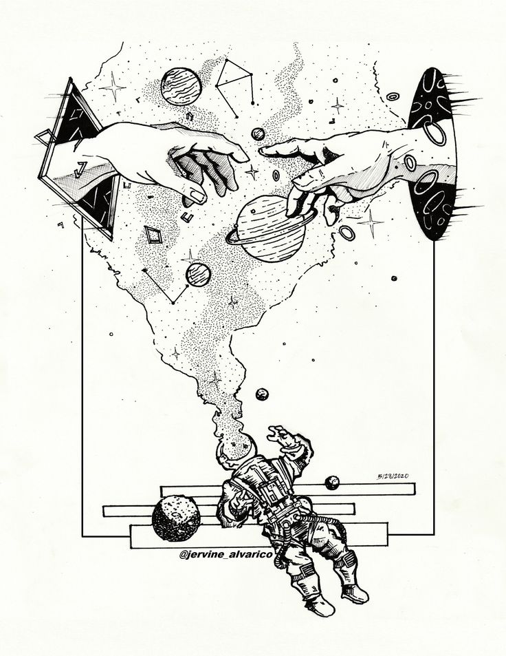 an ink drawing of two people reaching for each other's hand, with space and planets in the background