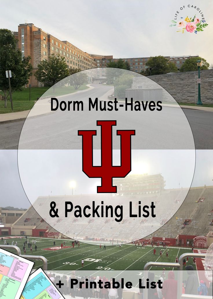 the dorm must - haves and packing list is displayed in front of a football field