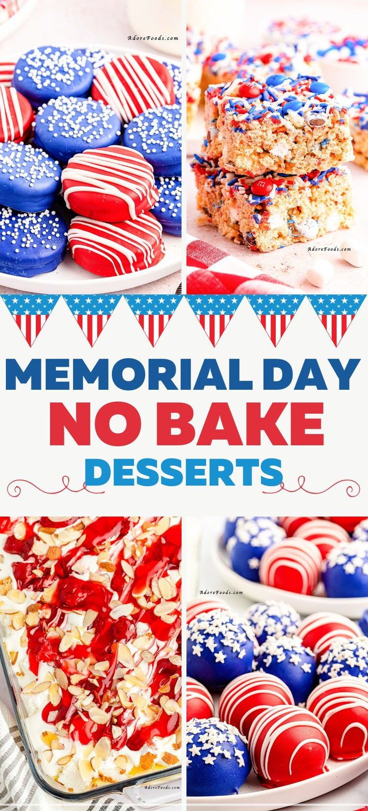 memorial day no bake desserts collage with red, white and blue cookies