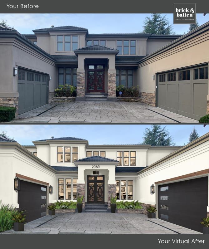 the before and after shots of a house with two garage doors on each side of it