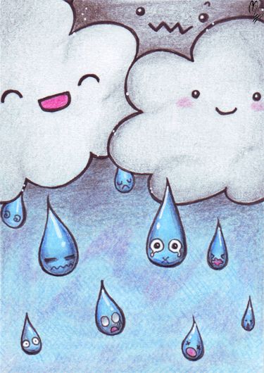 two clouds with raindrops and one has eyes drawn on it's face