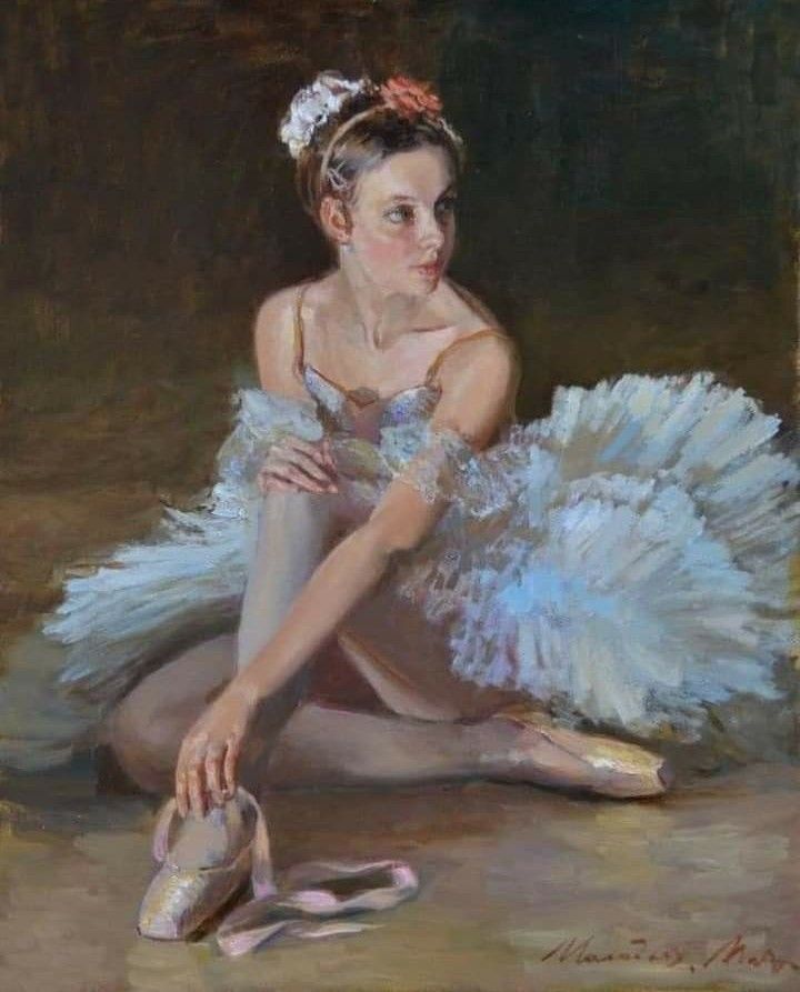 a painting of a woman sitting on the ground with her feet propped up in ballet shoes