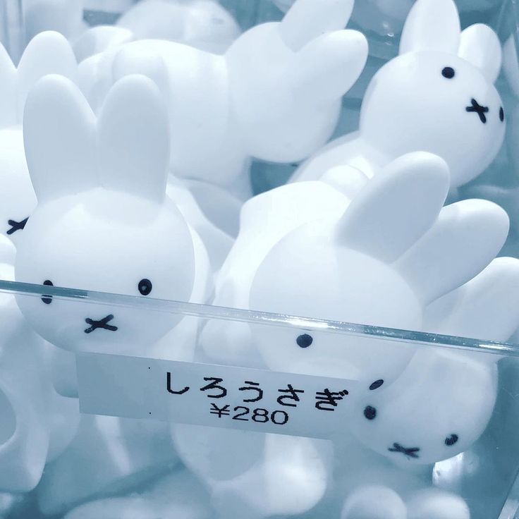 many white plastic rabbits are in a display case