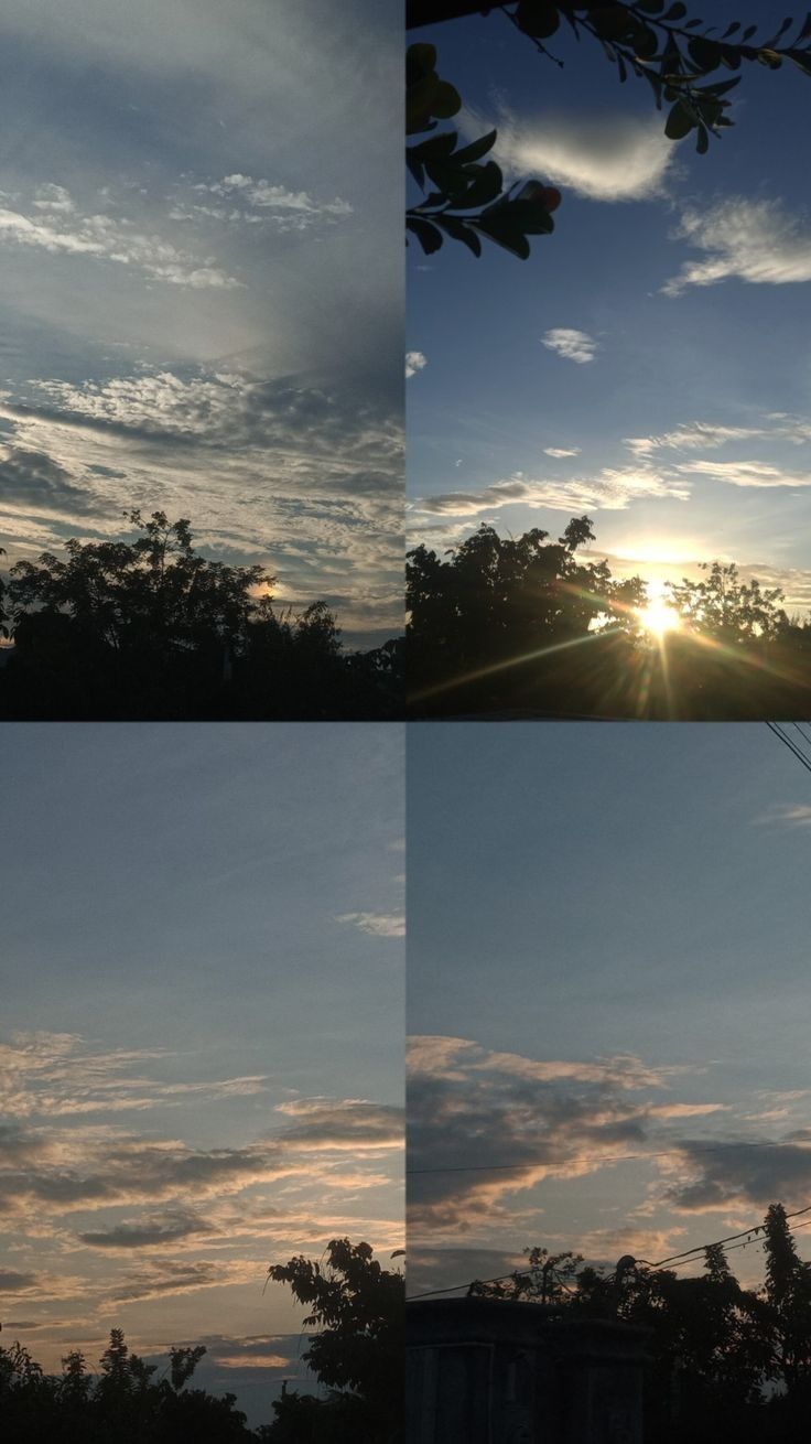 four different shots of the sun setting over trees and buildings with clouds in the sky