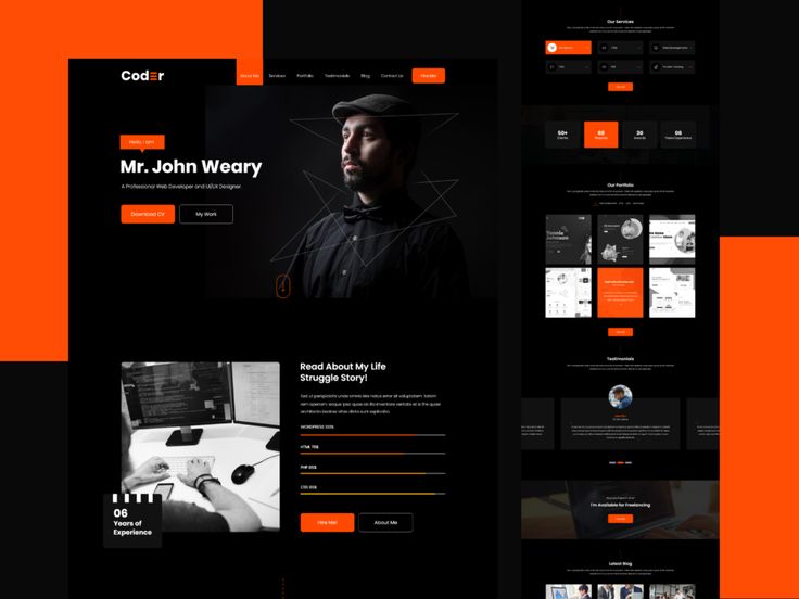 an orange and black website design for a music band, called mr john worryy