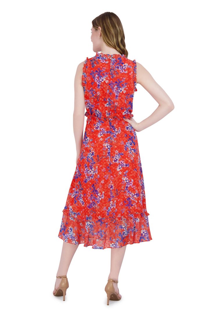 From presenting at annual business workshops to catching up with friends at the wine cellar, this effortless orange sleeveless dress with ruffle detailing, is a fit and flare style designed with a multicolor floral pattern display, concealed back zip, mock neckline, and ruffled detailing around the shoulder and waist area as well as the skirt area. Red Ruffled Sleeveless Dress For Spring, Orange Floral Print Sleeveless Midi Dress, Sleeveless Orange Midi Dress With Floral Print, Red Floral Print Knee-length Sleeveless Dress, Red Floral Print Sleeveless Knee-length Dress, Orange Sleeveless Dress With Ruffle Hem, Orange Sleeveless Midi Dress For Garden Party, Sleeveless Orange Midi Dress For Garden Party, Multicolor Sleeveless Midi Dress With Ruffle Hem