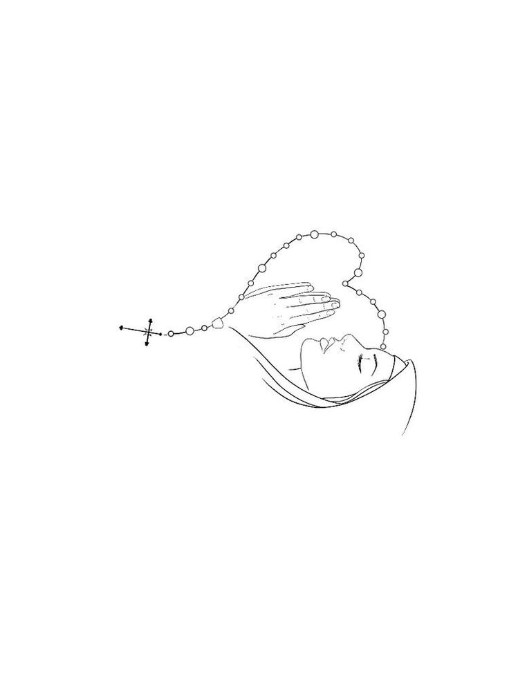 a black and white drawing of a woman's head with a rosary on her neck