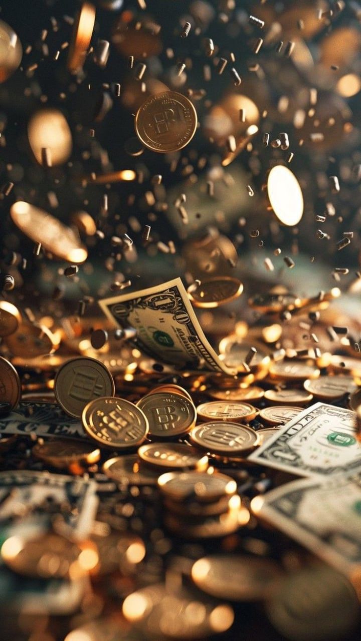 a pile of money sitting on top of a table covered in lots of gold coins