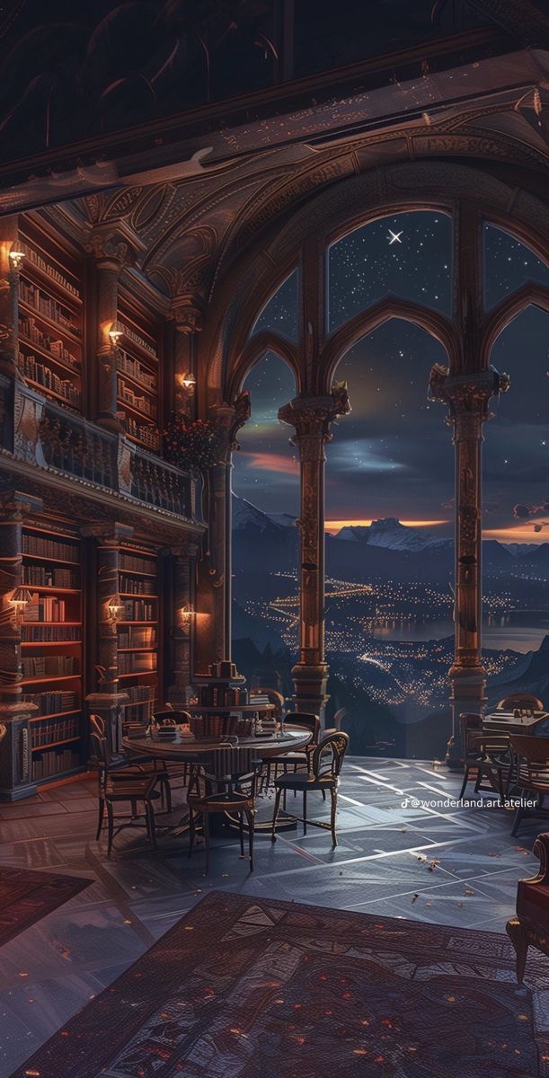 an artistic rendering of a library with a view of the city at night and stars in the sky