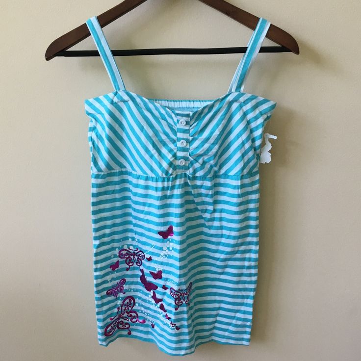 Nwt Cotton Striped Top With Butterfly Prints In Size L(12/14). Brand New With Tag, Never Worn. Playful Light Blue Tops For Spring, Light Blue Tops For School In Spring, Striped Tops For Playwear In Spring, Striped Tops For Spring Playwear, Blue Summer School Top, Light Blue Tops For Playwear In Spring, Playful Tops For School In Spring, Playful Blue Tops For Spring, Playful Spring Tops For School