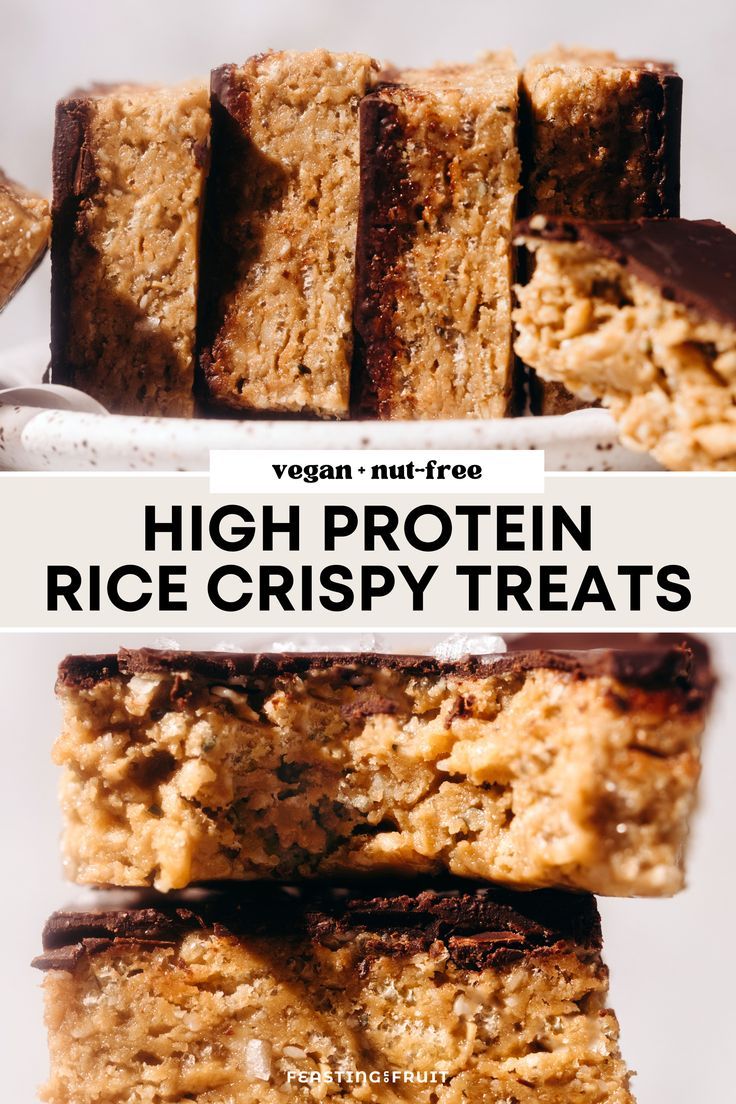 high protein rice crispy treats stacked on top of each other with text overlay