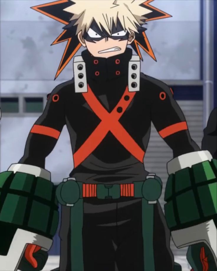 an anime character with black hair and green gloves standing in front of two other characters