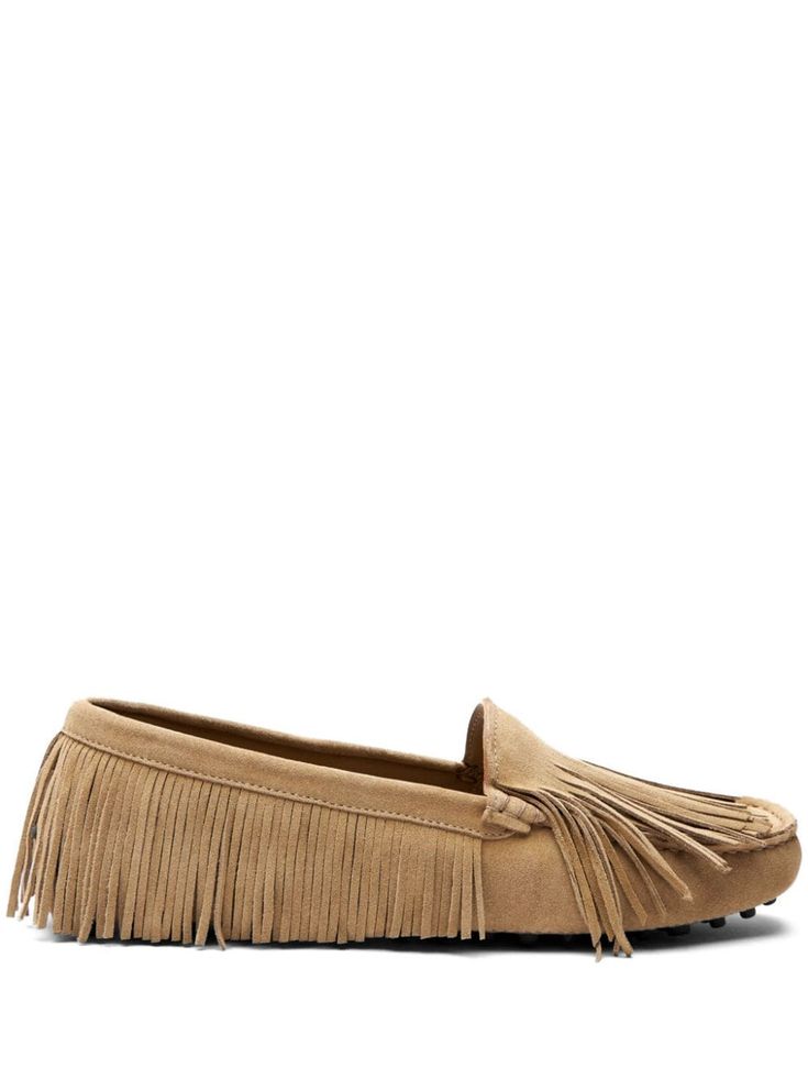 light beige suede tonal stitching fringe detailing round toe slip-on style branded leather insole rubber sole Balenciaga Track, Balenciaga Triple S, Suede Fringe, Suede Loafers, Summer Beach Wear, Derby Shoes, Espadrille Shoes, Party Shoes, Light Beige