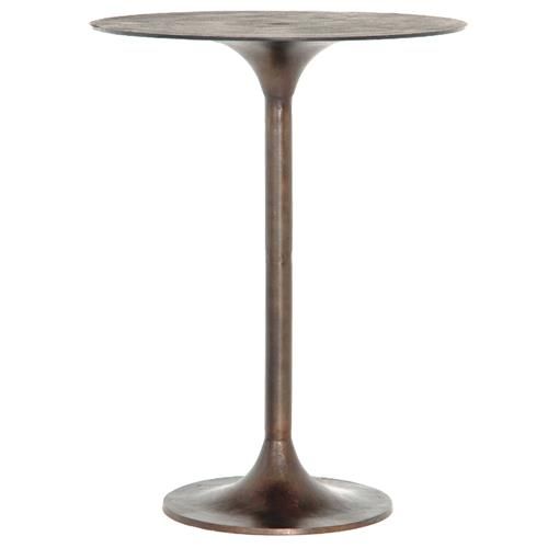 a round metal table with a wooden top on an isolated white background for use as a side table