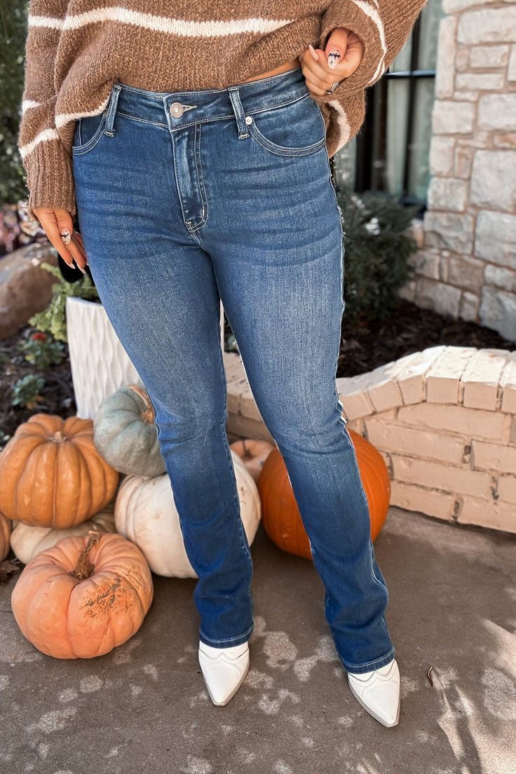 Introducing our High Rise Bootcut Jeans, the epitome of style and comfort. These jeans offer the perfect blend of stretch and style. Designed with a classic five-pocket style, they provide a timeless look that's perfect for any occasion. The zipper fly ensures easy wear, while the eight-inch leg opening adds a touch of flair to your outfit. Whether you're dressing up for a night out or going for a casual look, these bootcut jeans are a versatile choice. Made in Vietnam Style: Casual Print / Patt Medium Wash Straight Bottoms For Fall, Dark Wash Bottoms For Everyday Fall Wear, Straight Bottoms In Medium Wash For Fall, Mid-rise Medium Wash Pants For Fall, Everyday Dark Wash Pants For Fall, Dark Wash Pants For Everyday Fall Wear, Classic Straight Leg Flare Jeans For Fall, Fall Dark Wash Straight Bottoms, Fall Denim Blue Flare Jeans