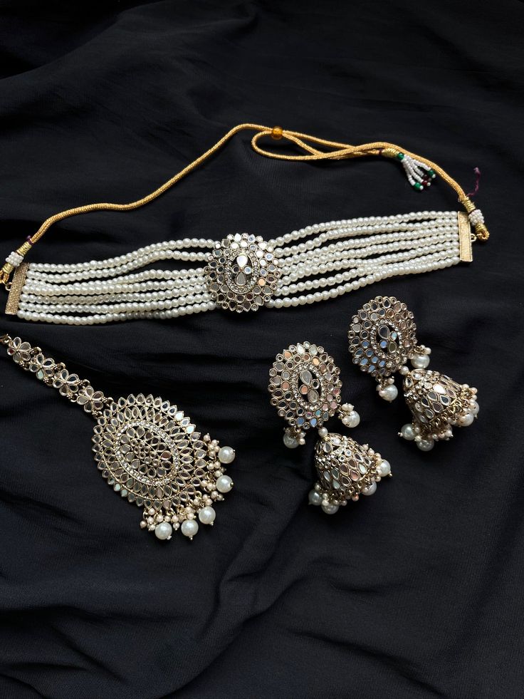 Mirror-work pearl Choker Set Pearl Jewelry For Diwali Party, Pearl Jewelry Sets For Party And Festivals, Kundan Pearl Drop Jewelry Sets For Party, Pearl Jewelry Sets For Diwali Party, Party Kundan Necklace With Gold Beads, Pearl Chandbali Jewelry For Parties, Chandbali Pearl Jewelry For Parties, Pearl Chandbali Bridal Necklace For Parties, Party Pearl Chandbali Jewelry