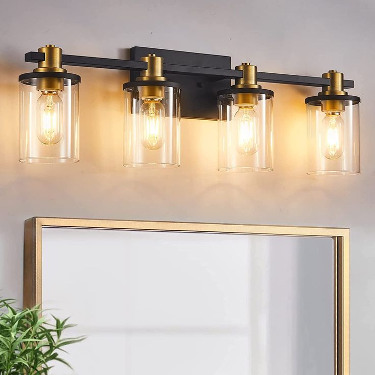 a bathroom vanity with three lights and a mirror on the wall next to a potted plant