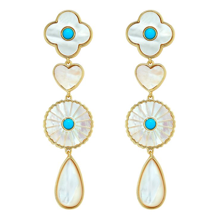 Our stunning Angelina earrings are showstoppers! 14k gold dipped mother of pearl shapes with turquoise cabs. 3" L x .75" W Elegant Turquoise Jewelry With Mother Of Pearl, Elegant Turquoise Mother Of Pearl Jewelry, Dress Reference, Spiked Jewelry, Jewelry Presentation, Her Aesthetic, H.e.r Aesthetic, Birthday Bag, Coil Bracelet