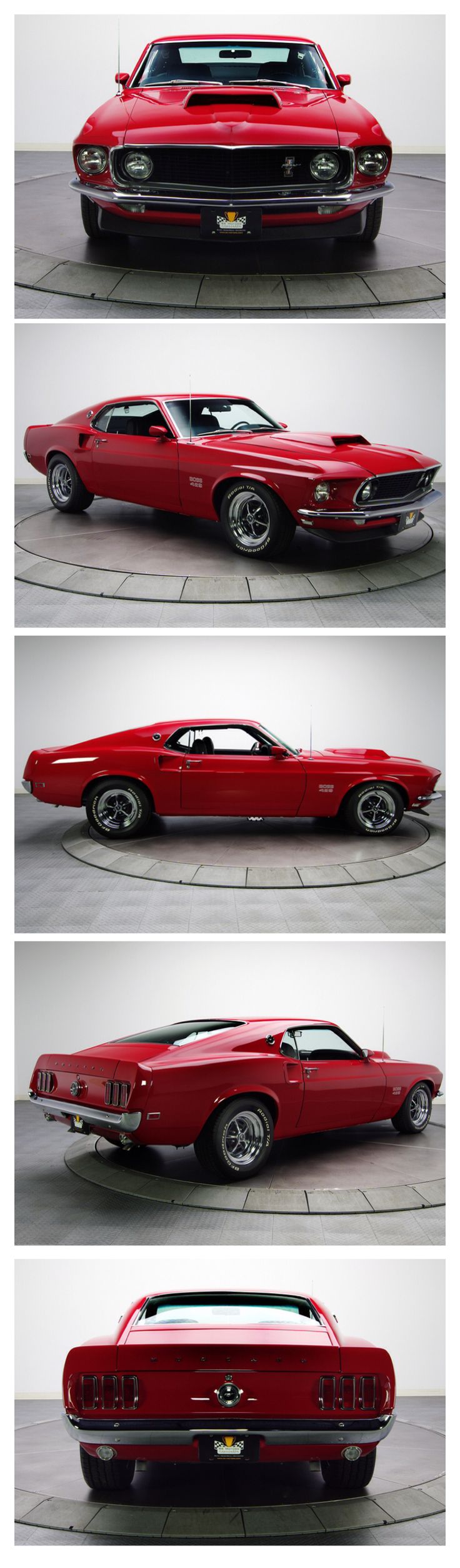 four different views of a red muscle car