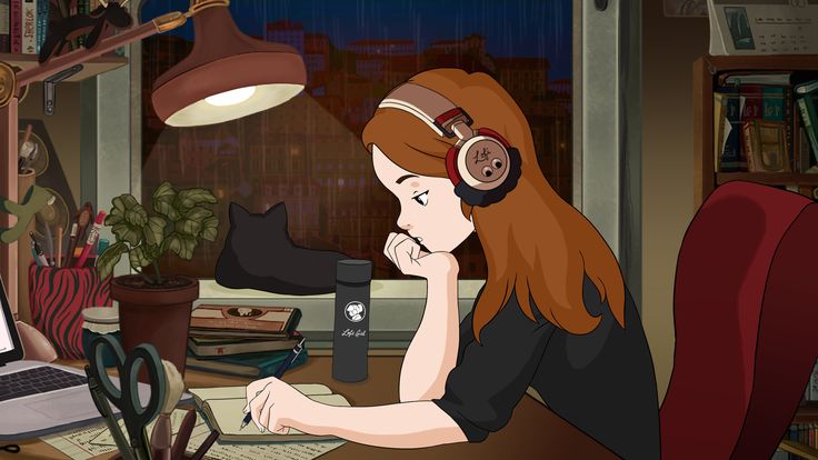 a woman sitting at a desk in front of a window with headphones on and writing