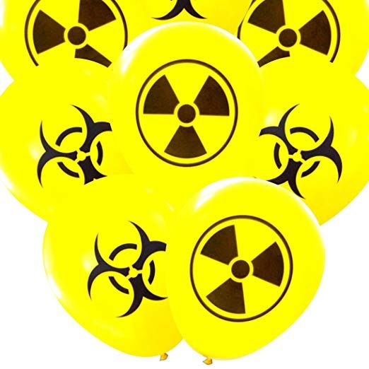 six yellow balloons with black and brown radioactive symbols on the top one has a biohazard symbol on it