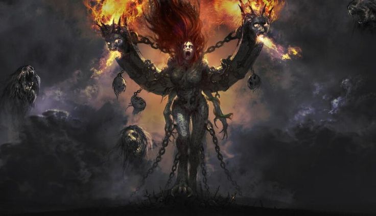 a demonic demon standing in the midst of flames and skulls on his body, with arms outstretched