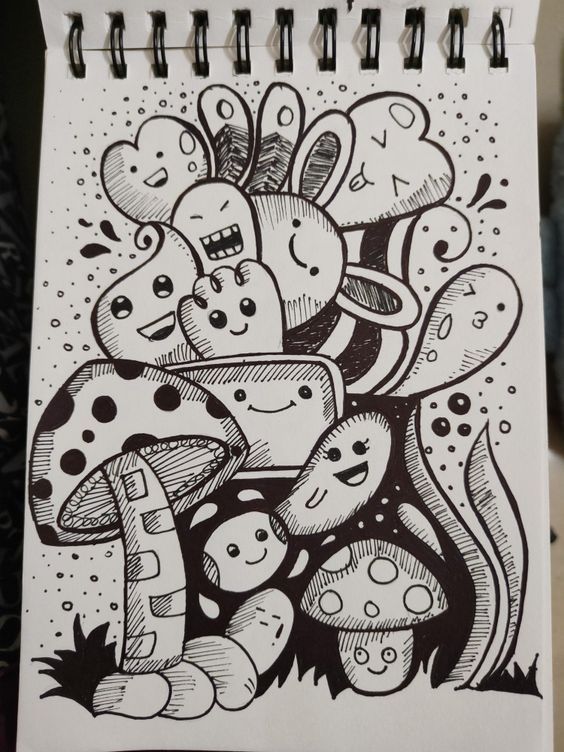 a drawing of some kind of mushroom with many faces on it's head and eyes