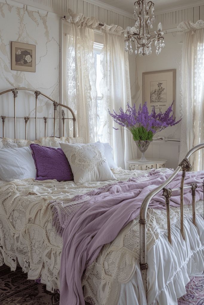 a white bed with purple pillows and blankets