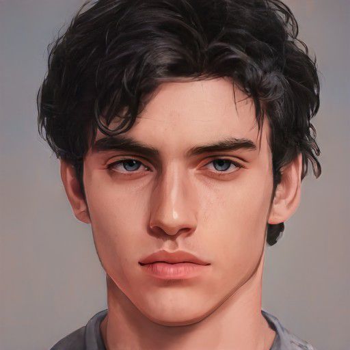 an artist's rendering of a young man with black hair and brown eyes looking at the camera